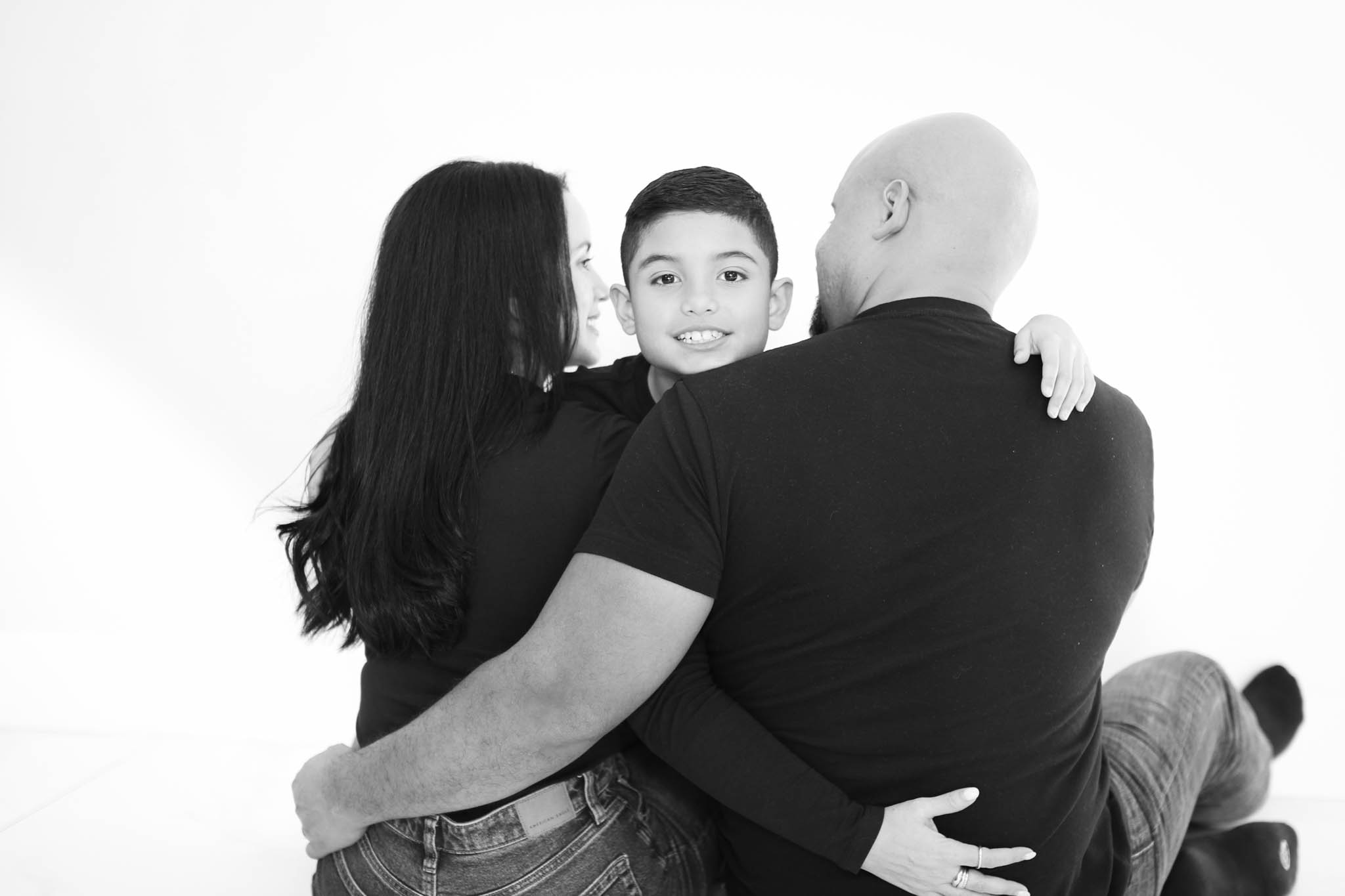 Black and white family studio portrait